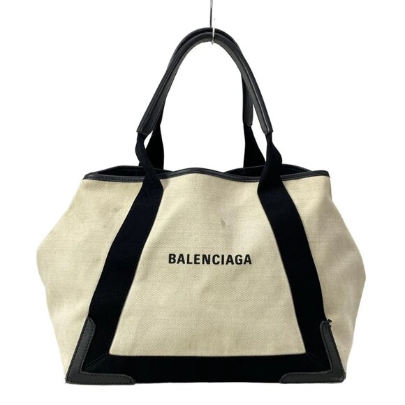 Auth BALENCIAGA Navy Medium Cabas 581292 Cream Black Canvas Leather - Tote Bag - Picture 1 of 16